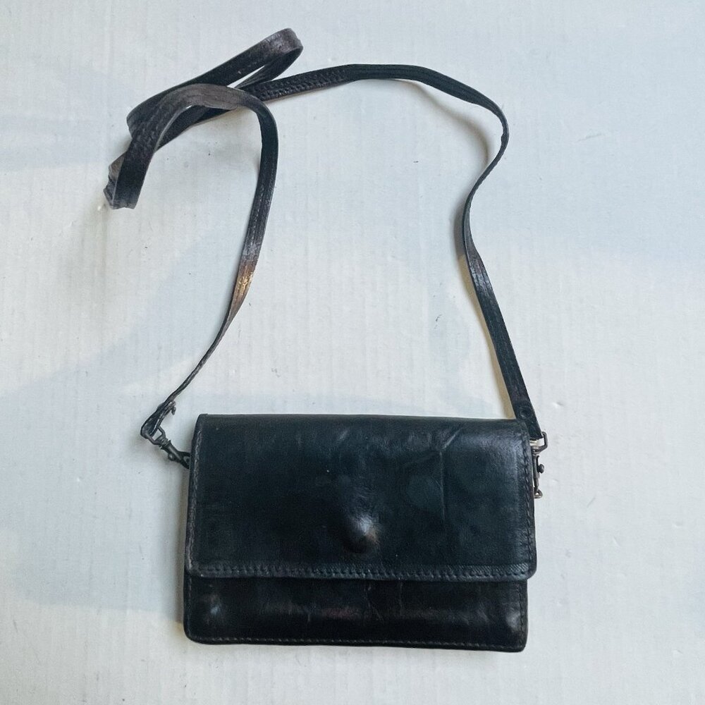 Foldover Black Mini Leather Crossbody Bag Goth Classic Minimalist Party Academia